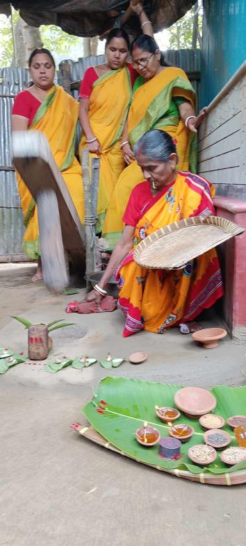 ঢেঁকিতে হলুদ কোটা হচ্ছে