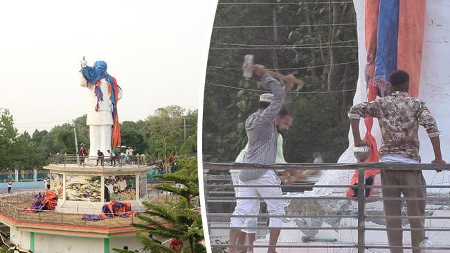 বঙ্গবন্ধুর বিশাল ভাস্কর্য ভেঙে ফেলেছে ‘ফ্যাসিবাদবিরোধী ছাত্র-জনতা’